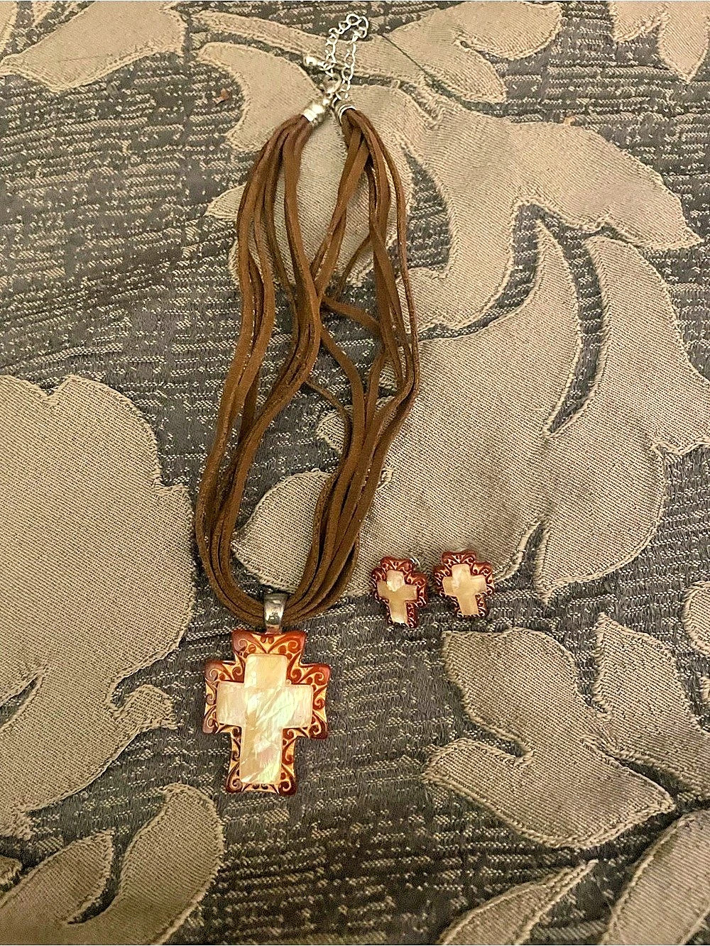 Southwestern Cross Necklace & Earrings Set - Iridescent Inlay Brown Cord